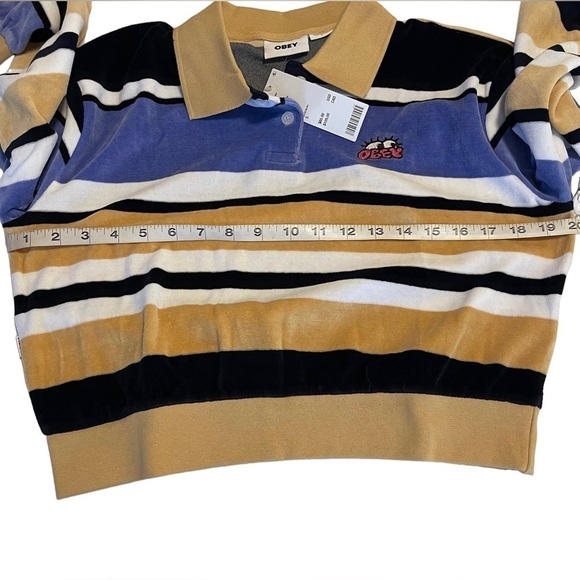Obey Polo Shirt Velour Long Sleeves Striped Small Embroidered Cropped NWT - Picture 10 of 17
